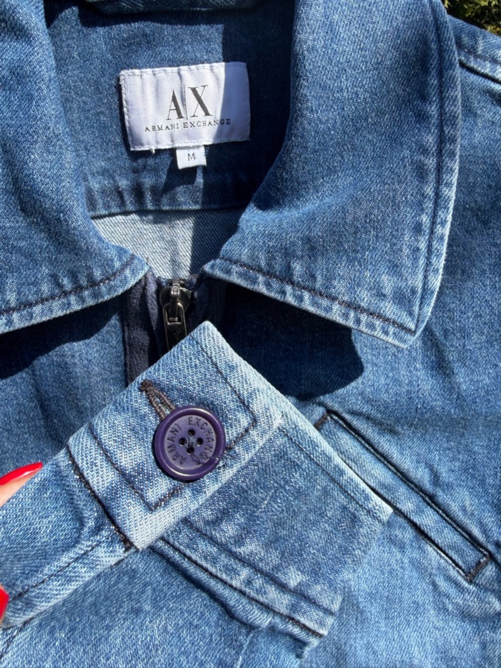 Armani Exchange Fitted Denim Jacket Ruched Zip Front Y2K Style Size M - Picture 6 of 8